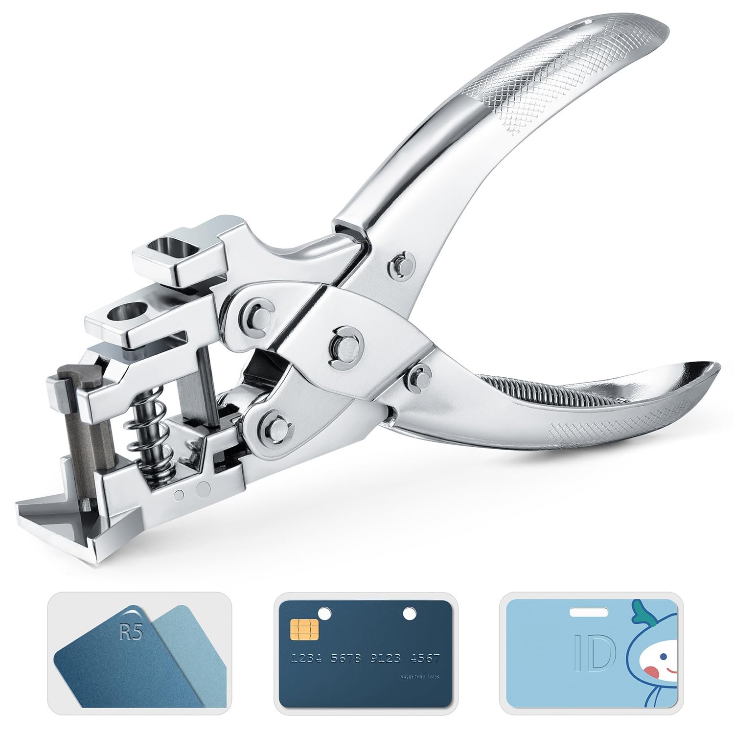 3-in-1 multifunctional ID card punch: Handheld punching tool suitable for PVC, business cards, and cardstock.