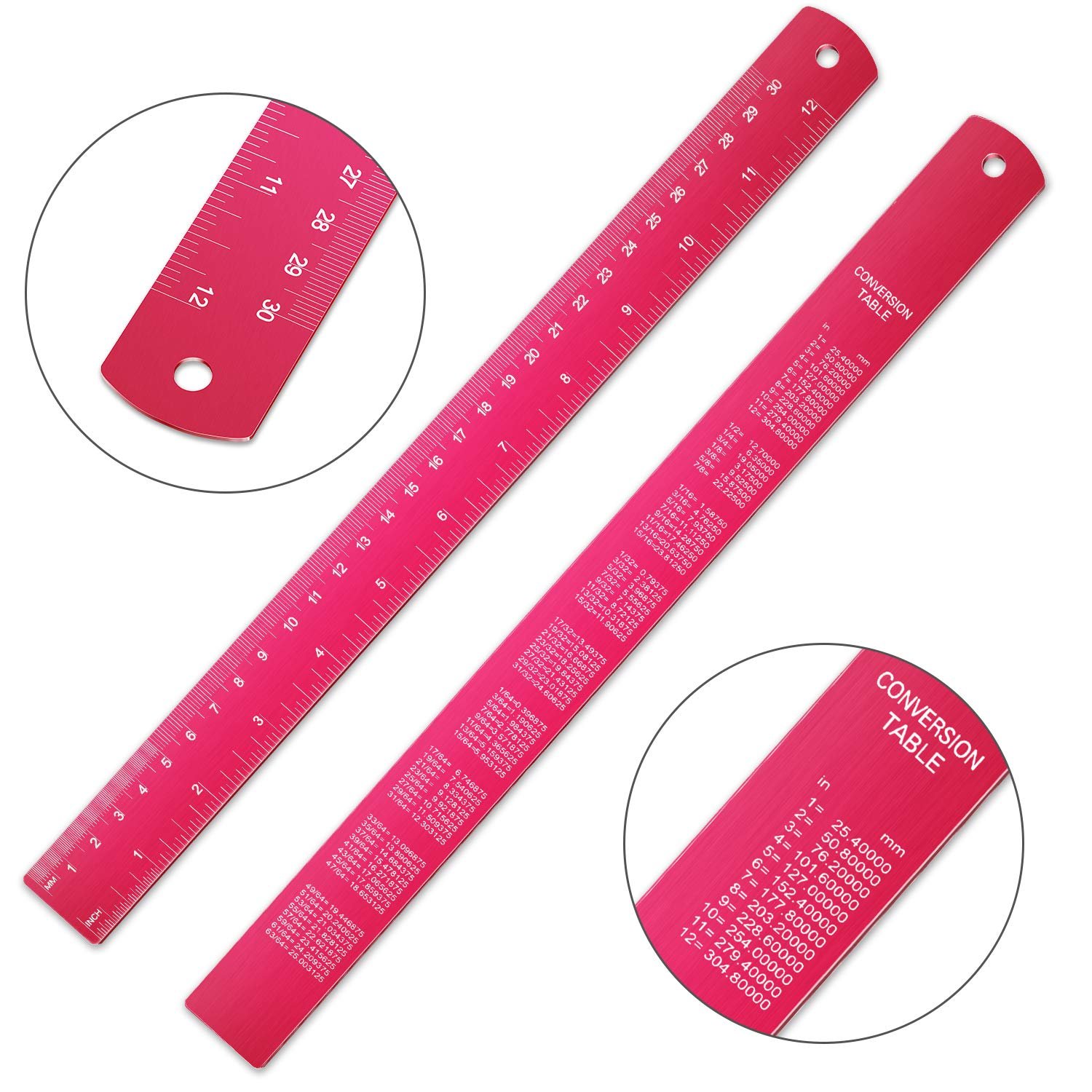 Stainless Steel Ruler and Metal Rule Kit with Conversion Table (Rose Red, 12 Inch, 6 Inch) - Image 2