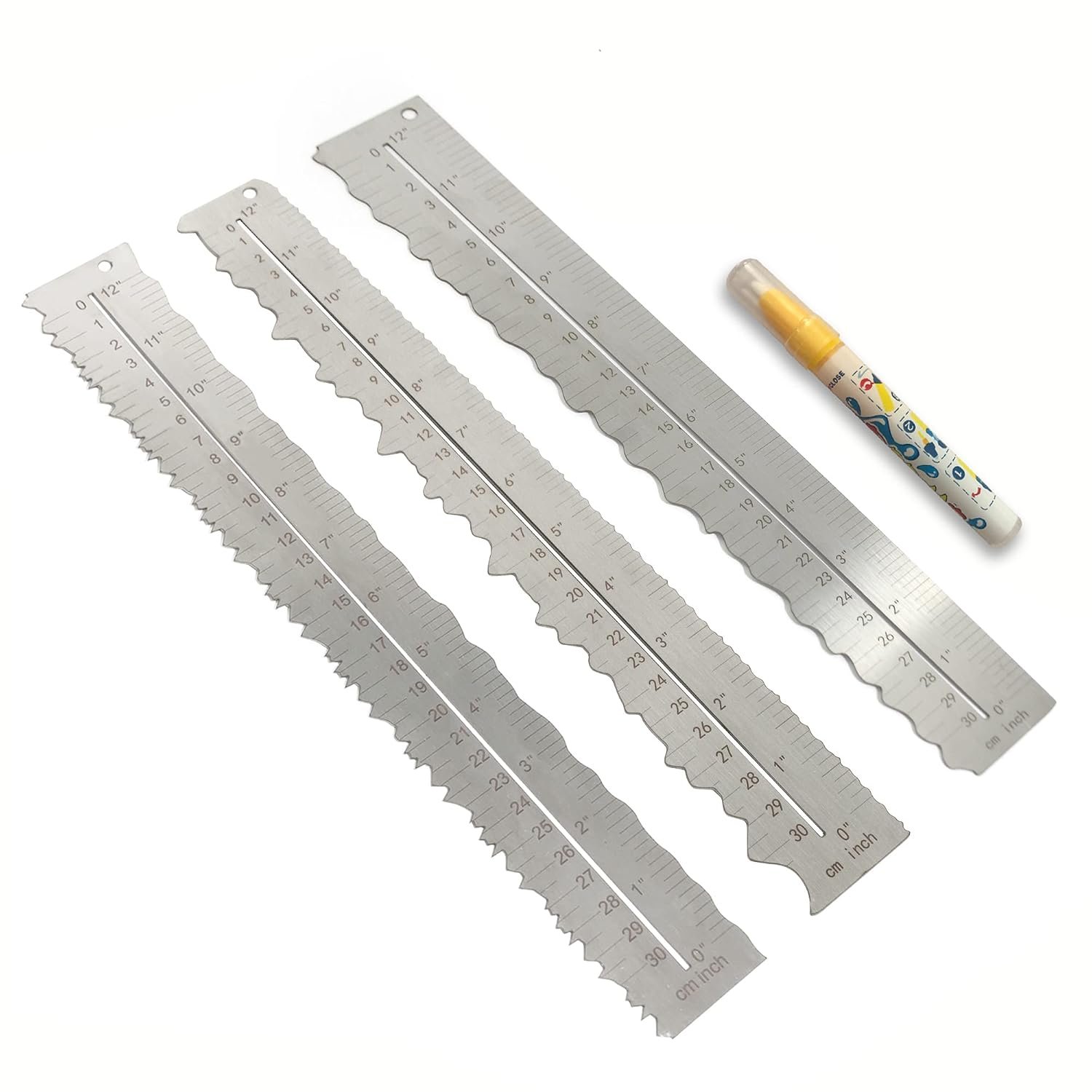 3Pcs Metal Irregular Edges Ruler for Paper Tearing, 12" Measuring Tool