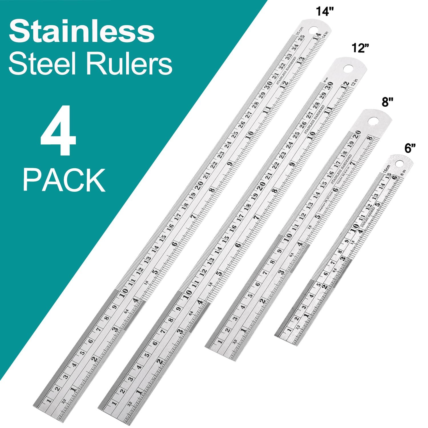 Metal Rulers, Steel Rulers Pack of 4, 6, 8, 12, 14-inch Stainless Steel Ruler - Image 2