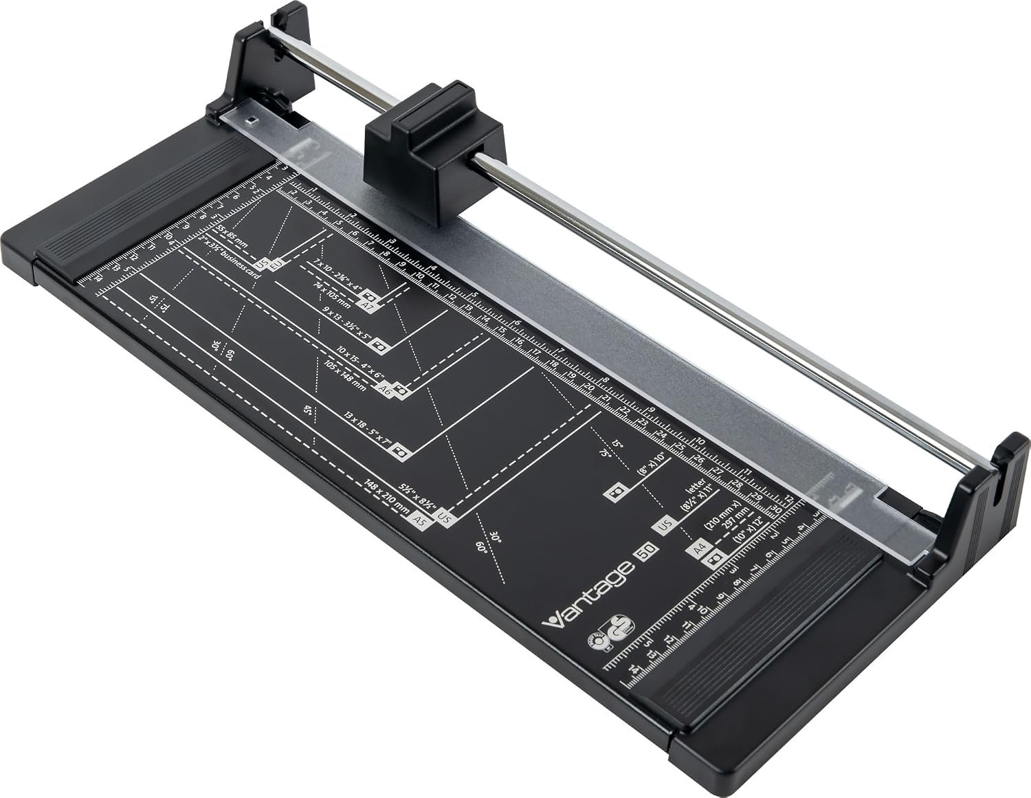 Model 50 Rotary Paper Cutter, 12-inch cutting length, 5-sheet capacity, features automatic blade sharpening and automatic paper clamping