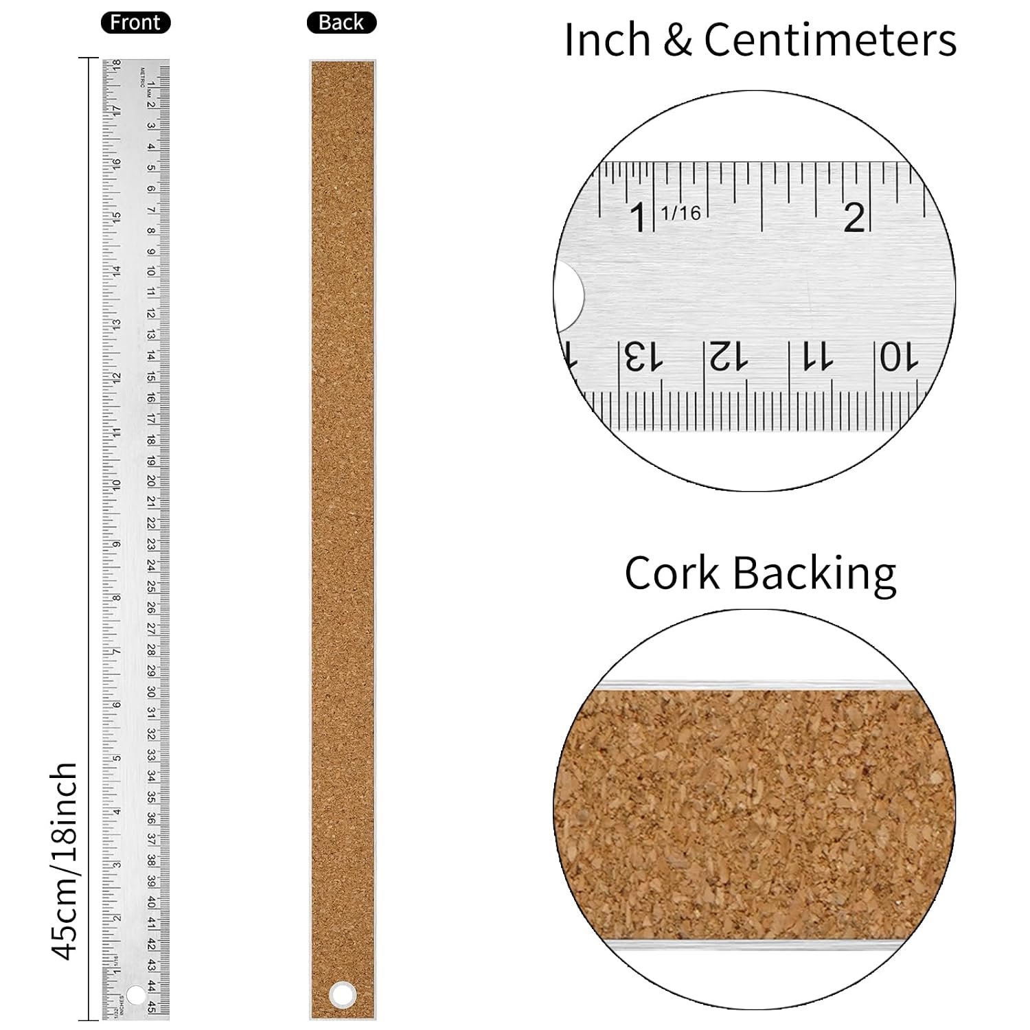 18 Inch Metal Ruler with Cork Backing, Imperial & Metric Markings - Image 2