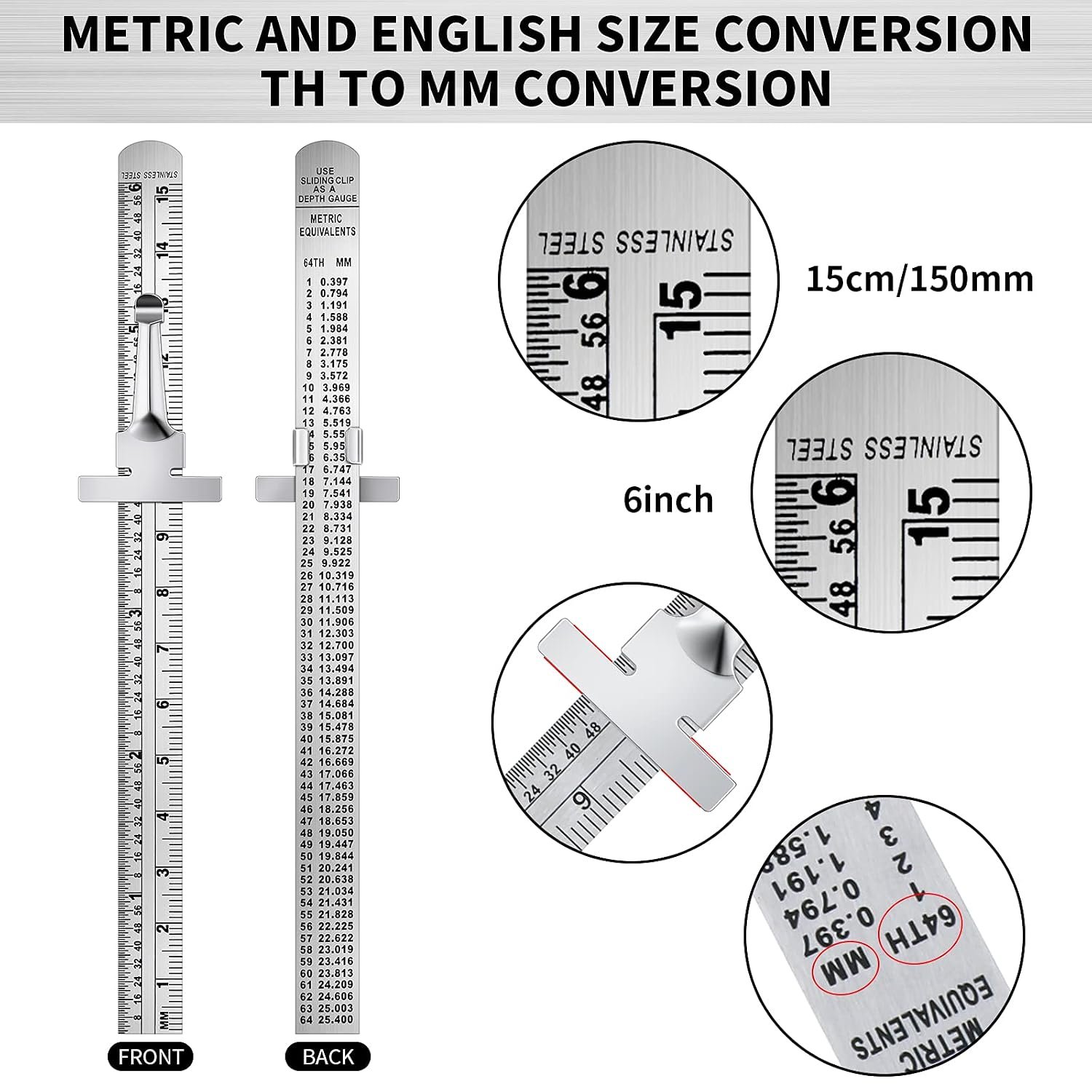 6 Pieces 6 Inch Metal Pocket Ruler Mini Stainless Steel Clip Scale - Image 2