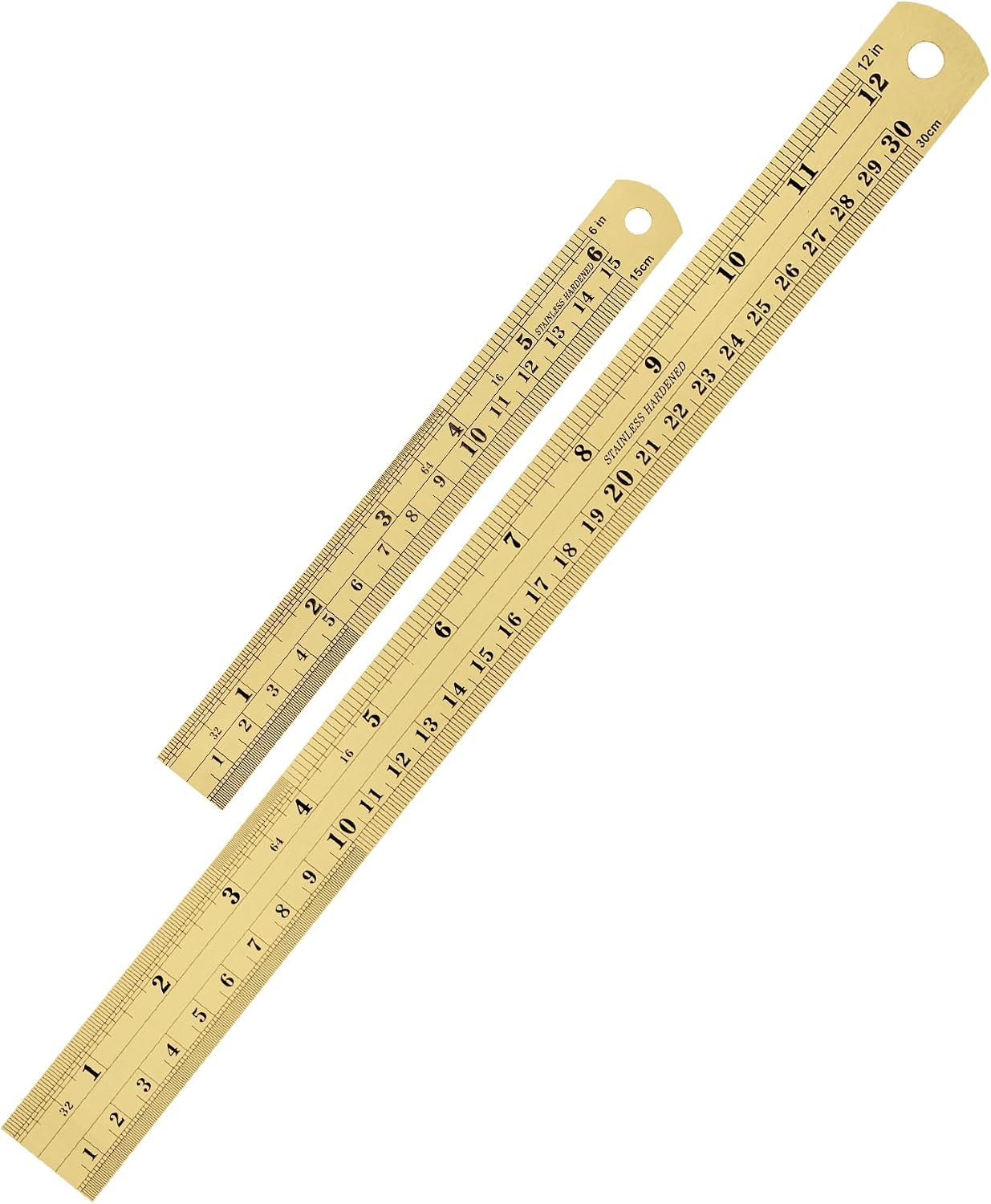 Metal Straight Edge Ruler, 2 Pack, 6" and 12", Gold