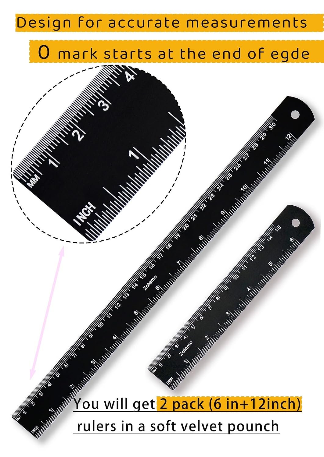Metal Rulers, 6 and 12 Inch Aluminum Scales with Imperial and Metric Measurements, Laser Etched, Easy to Read, 0 Starts at the end, 2 Pack - Image 2