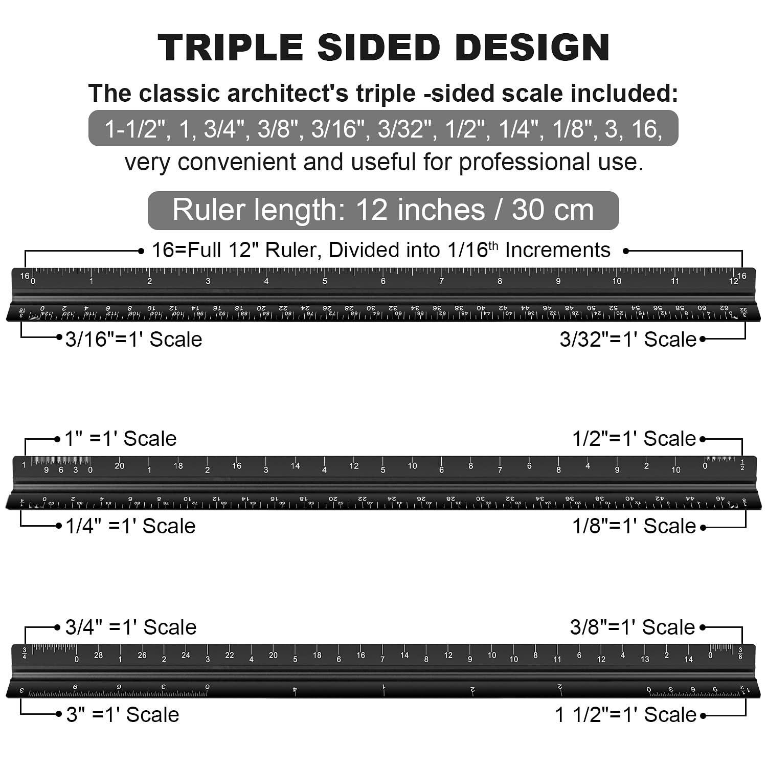 Architectural Scale Ruler Set, 2 Pack 12 Inch Aluminum Architect Ruler with Standard Metal Ruler, Imperial Architect Triangular Ruler with Etching for Architects, Engineers, Students and Draftsman - Image 2