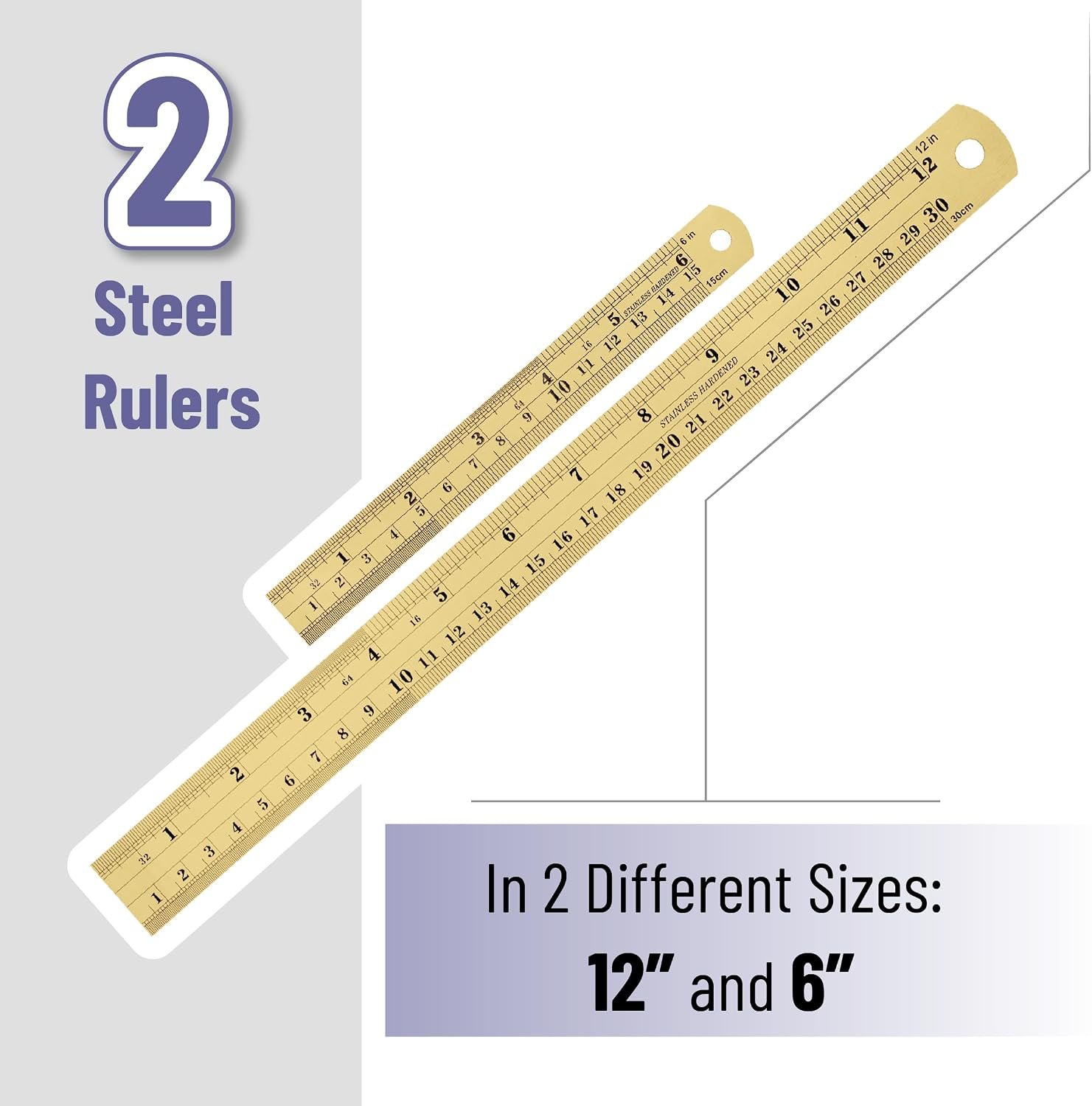 Metal Straight Edge Ruler, 2 Pack, 6" and 12", Gold - Image 2