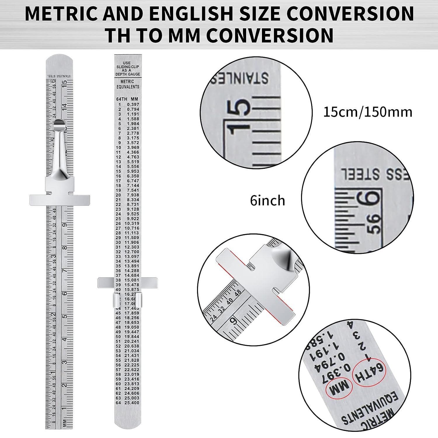 2 Pcs 6 Inch Metal Pocket Ruler Mini Stainless Steel Clip Scale - Image 2